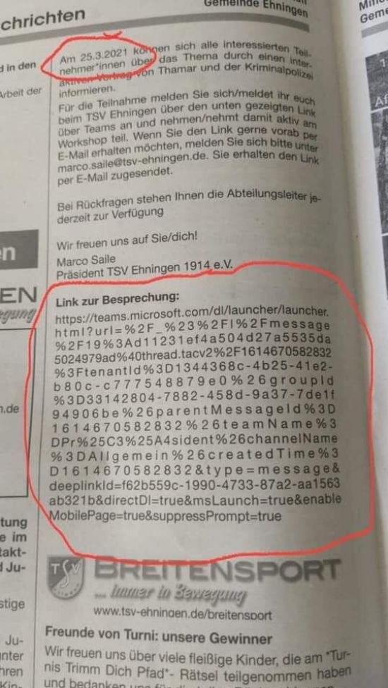 Zeitungsbeitrag mit abgedruckter URL für mehr infos, die aber eine komplette MS-Teams-Monster-URL ist die sich über mehrer Zeilen zieht und nicht abtippbar ist